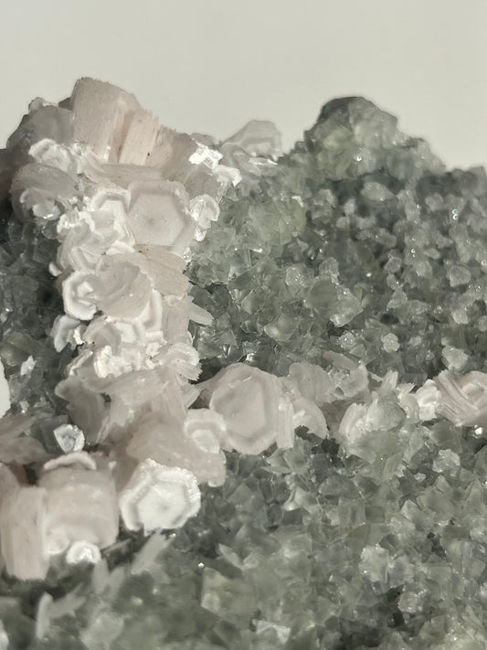 Pink Coin Calcite, Green Fluorite and Quartz Specimen I