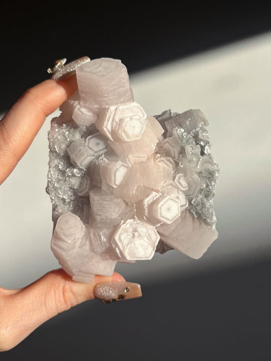 Pink Coin Calcite, Green Fluorite and Quartz Specimen A