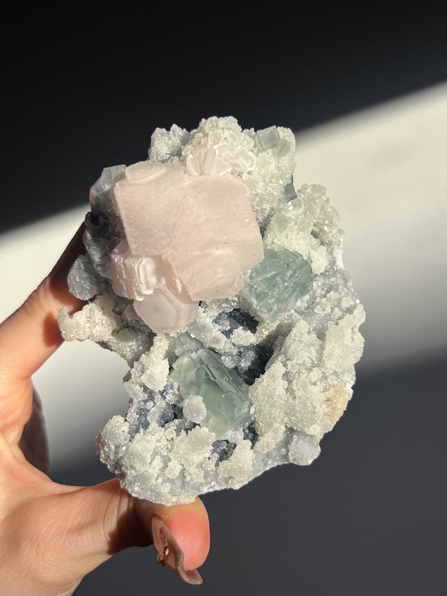 Pink Coin Calcite, Green Fluorite and Quartz Specimen B