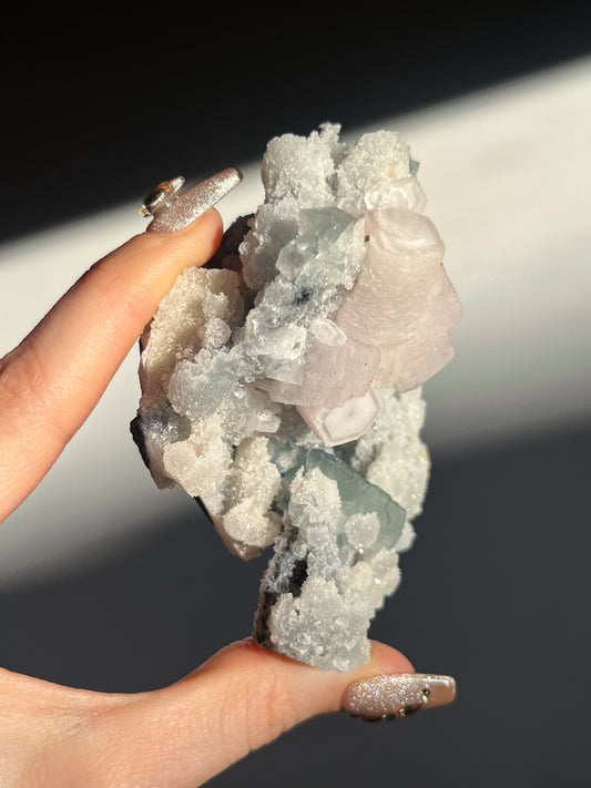 Pink Coin Calcite, Green Fluorite and Quartz Specimen B