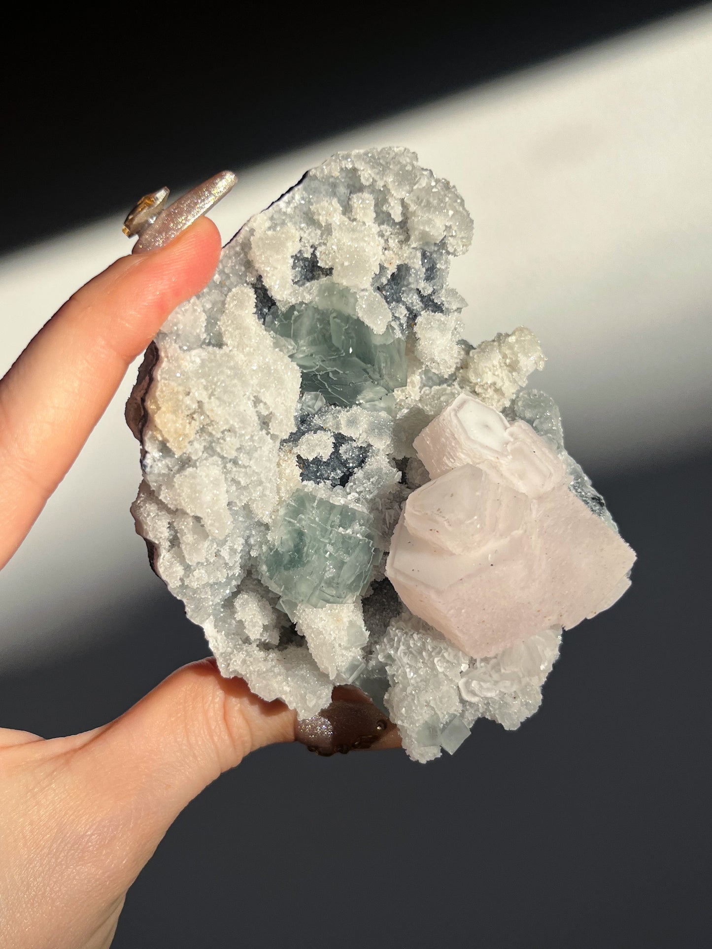 Pink Coin Calcite, Green Fluorite and Quartz Specimen B
