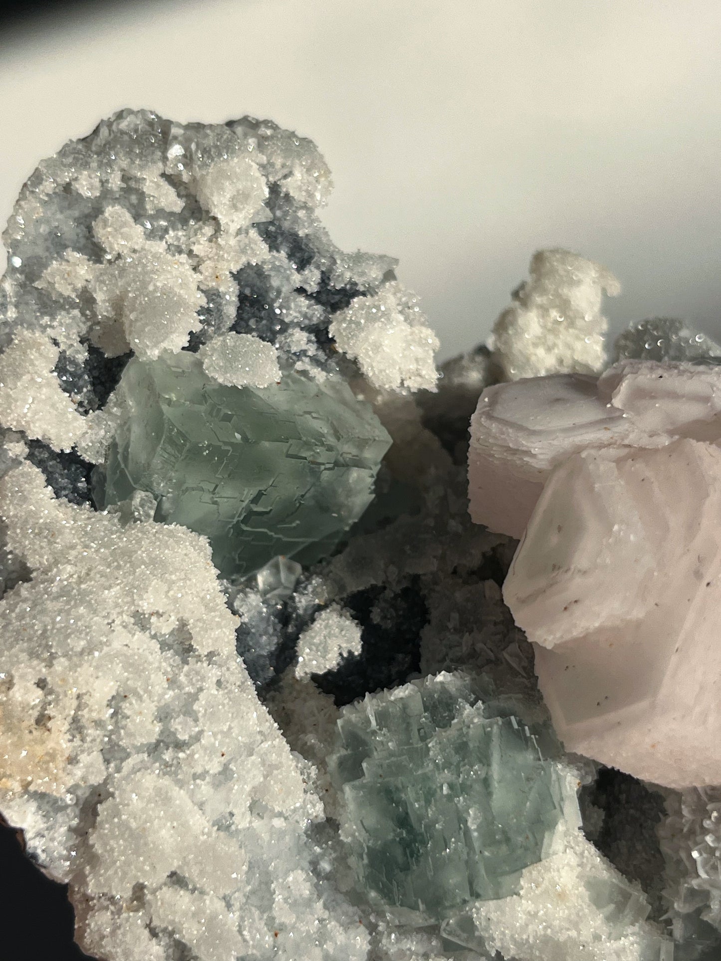 Pink Coin Calcite, Green Fluorite and Quartz Specimen B
