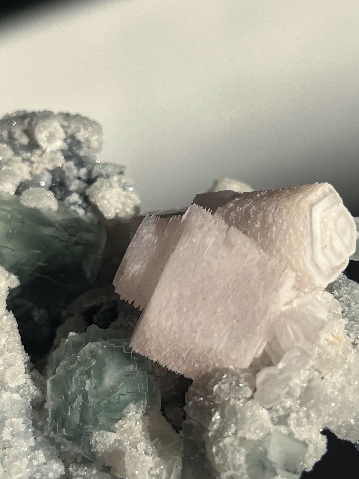 Pink Coin Calcite, Green Fluorite and Quartz Specimen B