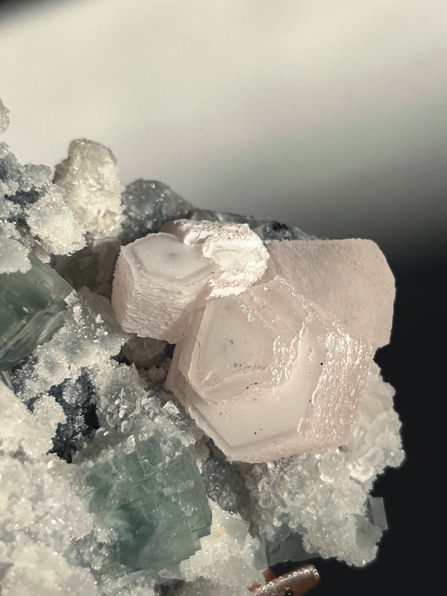 Pink Coin Calcite, Green Fluorite and Quartz Specimen B