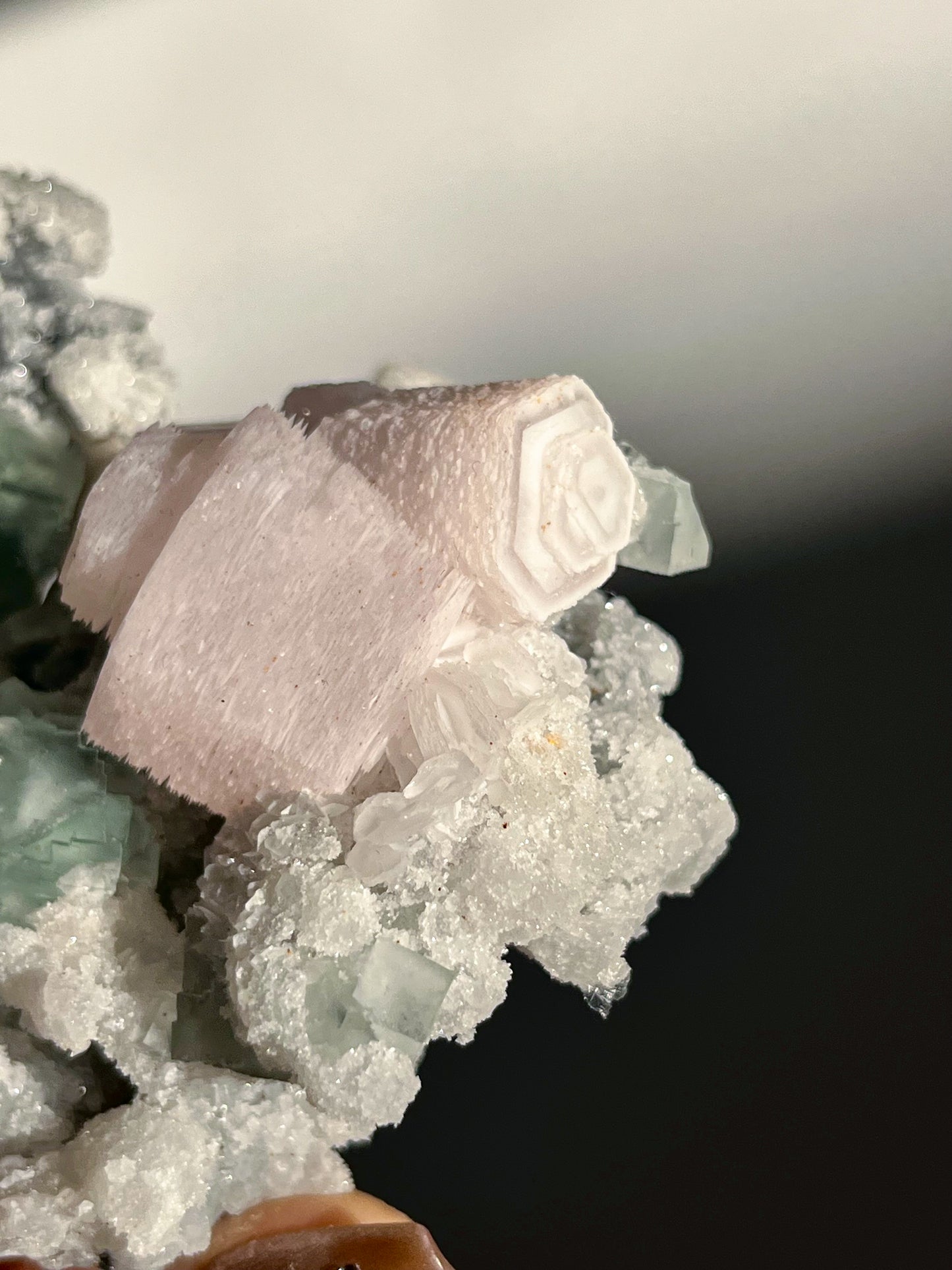 Pink Coin Calcite, Green Fluorite and Quartz Specimen B