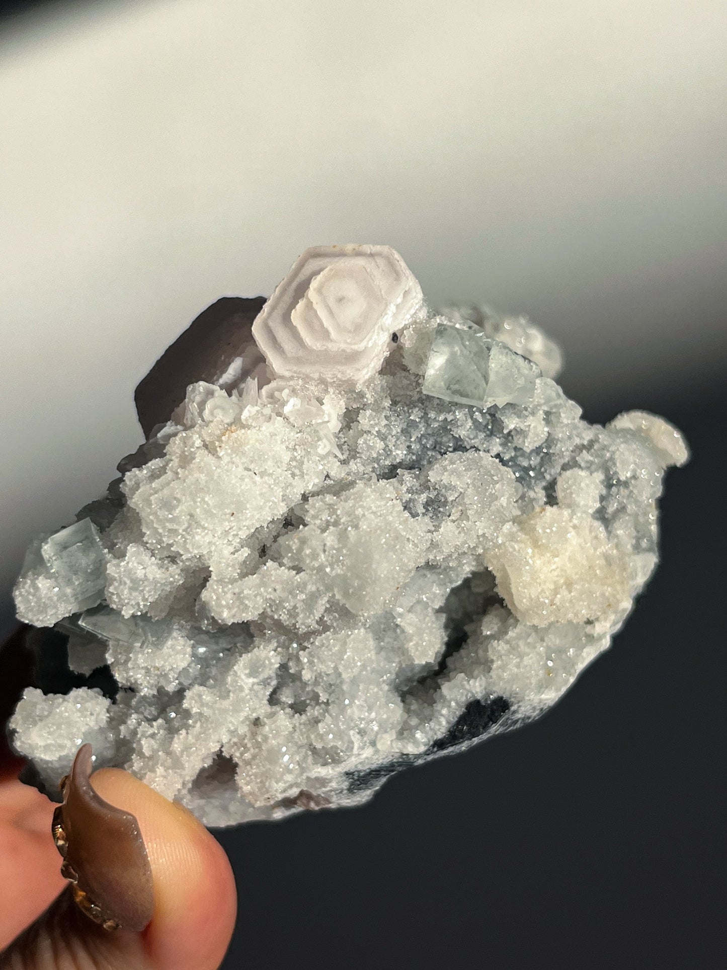 Pink Coin Calcite, Green Fluorite and Quartz Specimen B