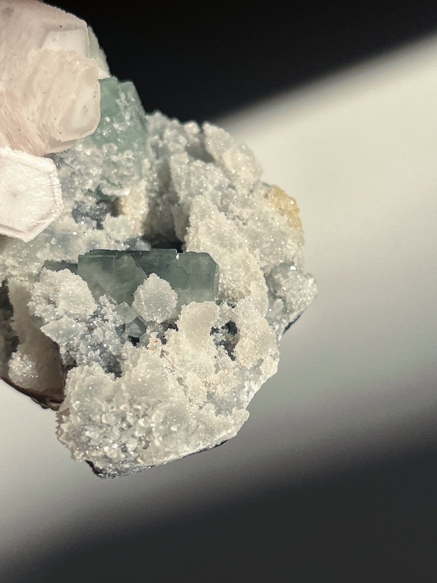 Pink Coin Calcite, Green Fluorite and Quartz Specimen B