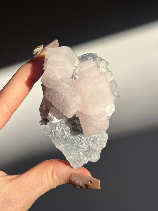 Pink Coin Calcite, Green Fluorite and Quartz Specimen C