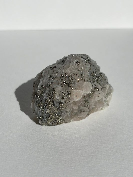 Pyrite Dusted Pink Coin Calcite Specimen (UV Reactive)