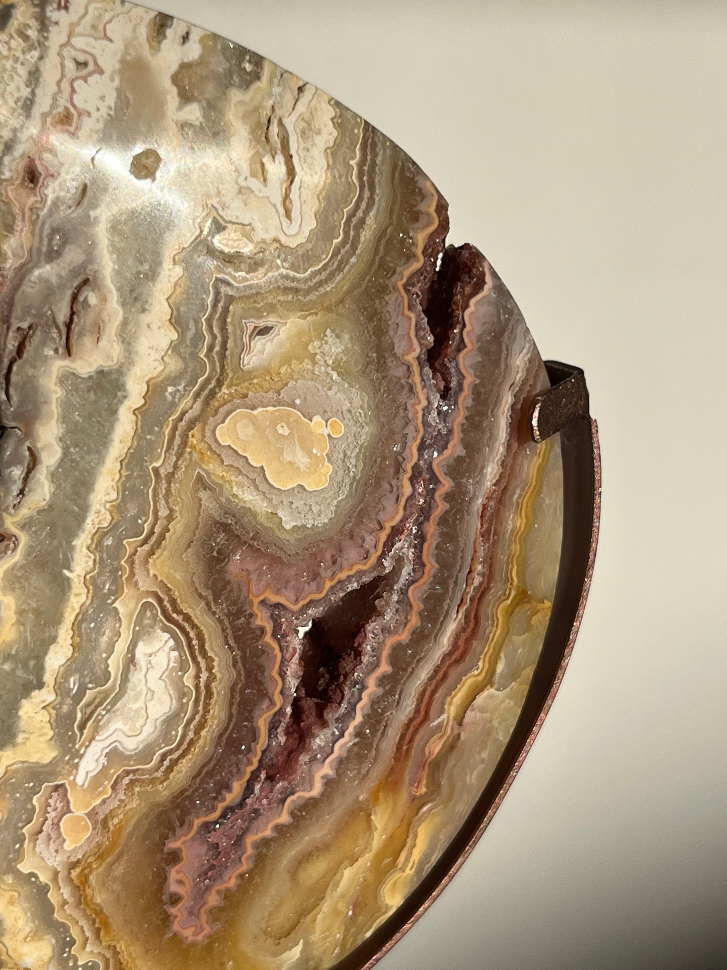 Golden Lace Agate Moon Carving on Rose Gold Coloured Stand A