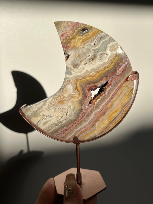 Golden x Pink Lace Agate Moon Carving on Rose Gold Coloured Stand B