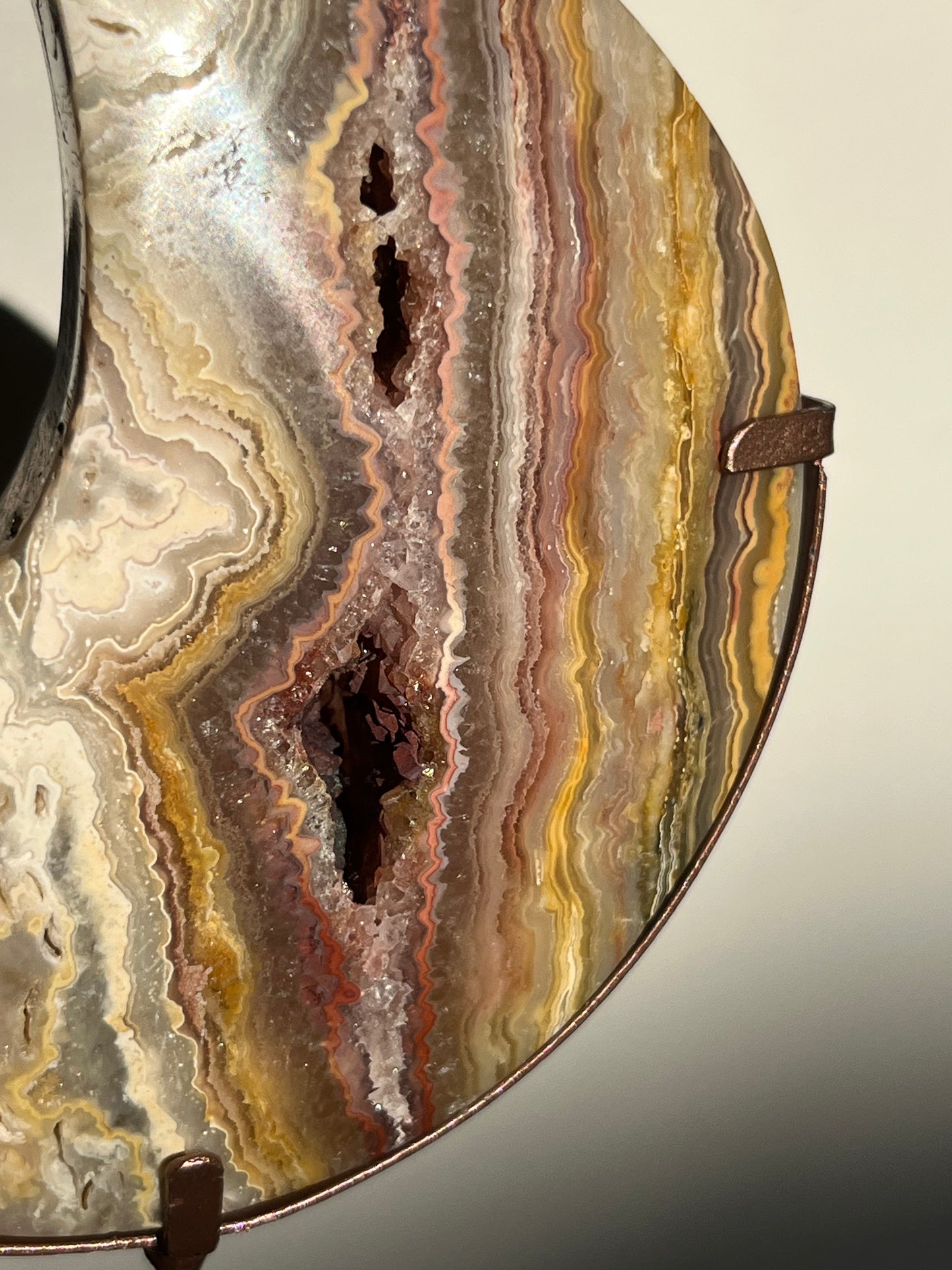 Golden x Pink Lace Agate Moon Carving on Rose Gold Coloured Stand C