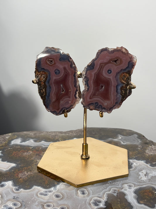 "Velour Sisters" Pink & Purple Banded Laguna Agate Pair on Custom Display Stand