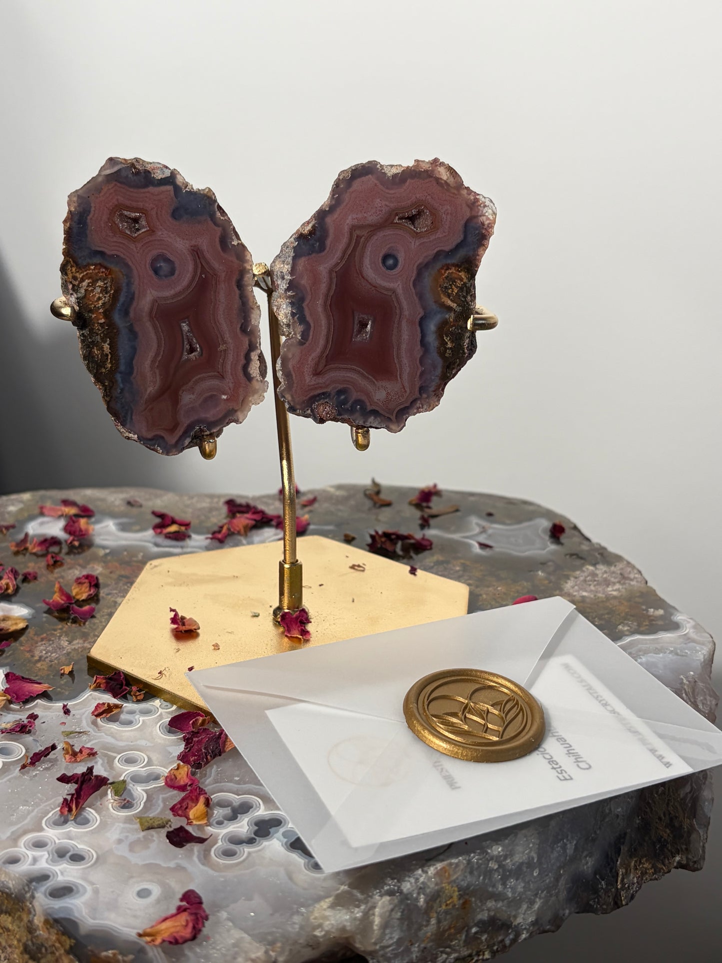 "Velour Sisters" Pink & Purple Banded Laguna Agate Pair on Custom Display Stand