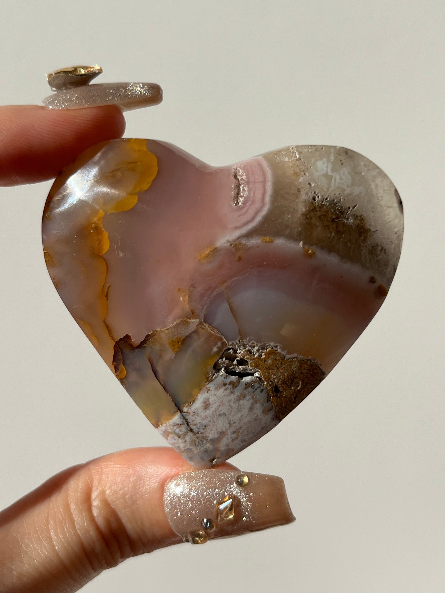 Pink Nebula Agate Heart Carving with Dendritic Inclusions G