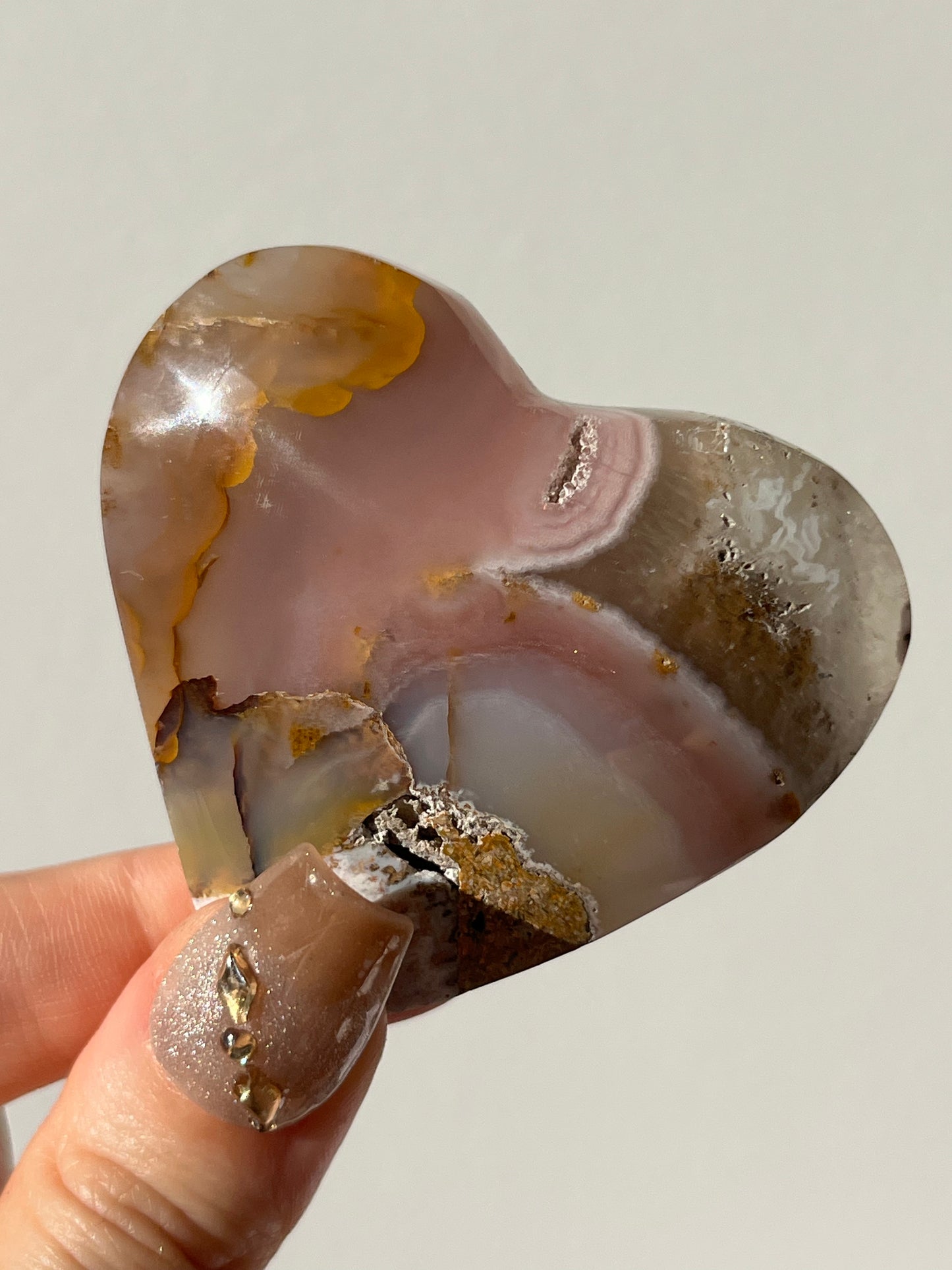 Pink Nebula Agate Heart Carving with Dendritic Inclusions G