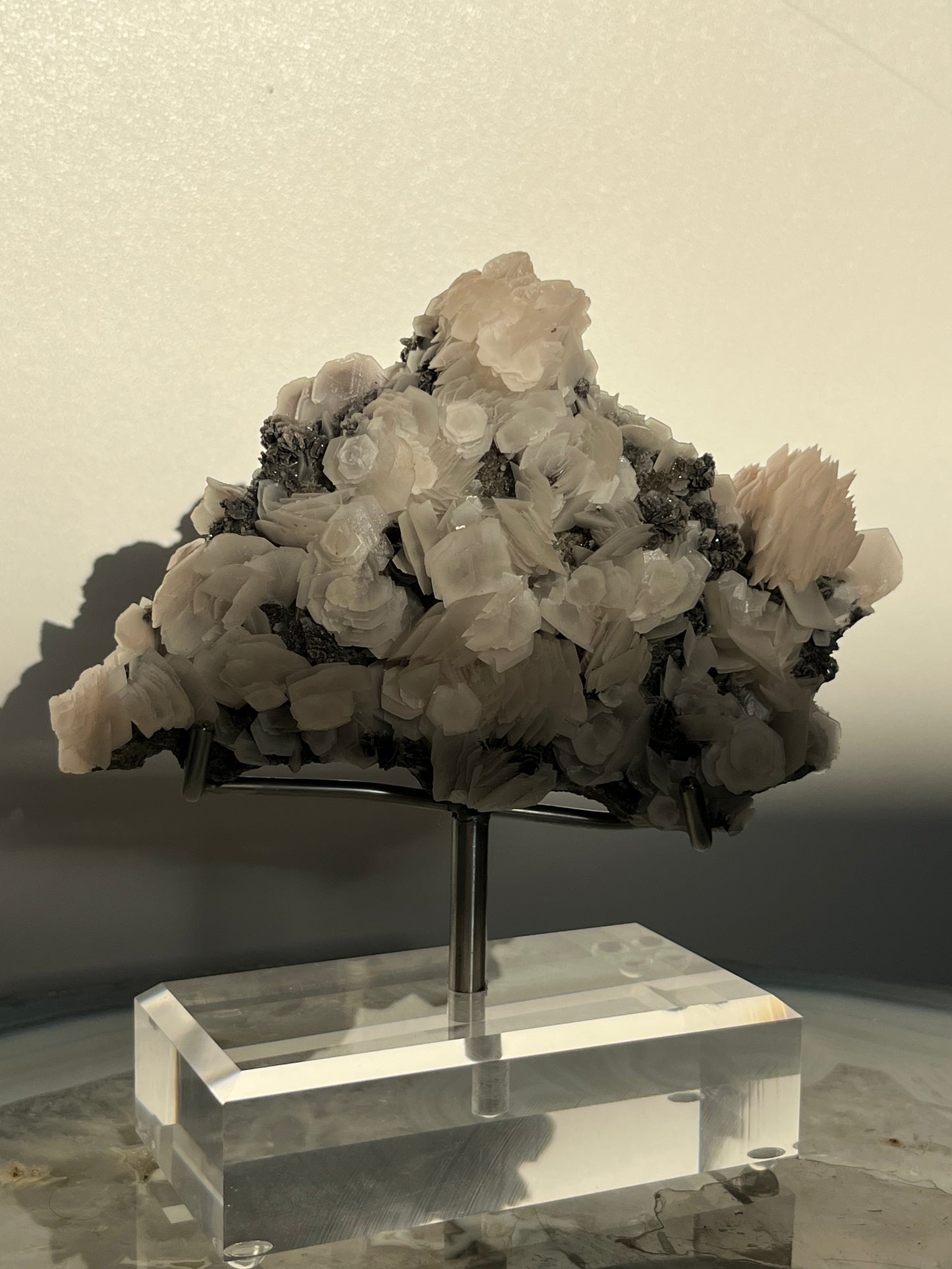 "The Queen of the Night" Pink Sakura Blossom Calcite on Quartz Coated Matrix Specimen with Custom Stand (Collector' Choice)