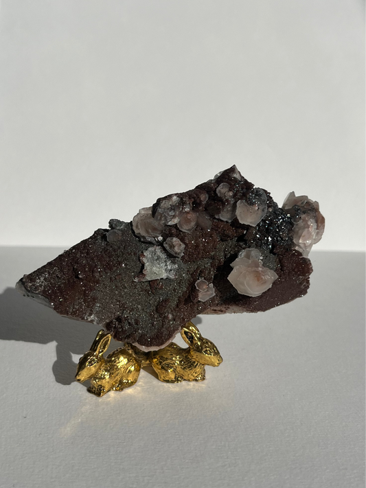 Twilight Plum Sakura Blossom Calcite on Druzy Coated Quartz Specimen C