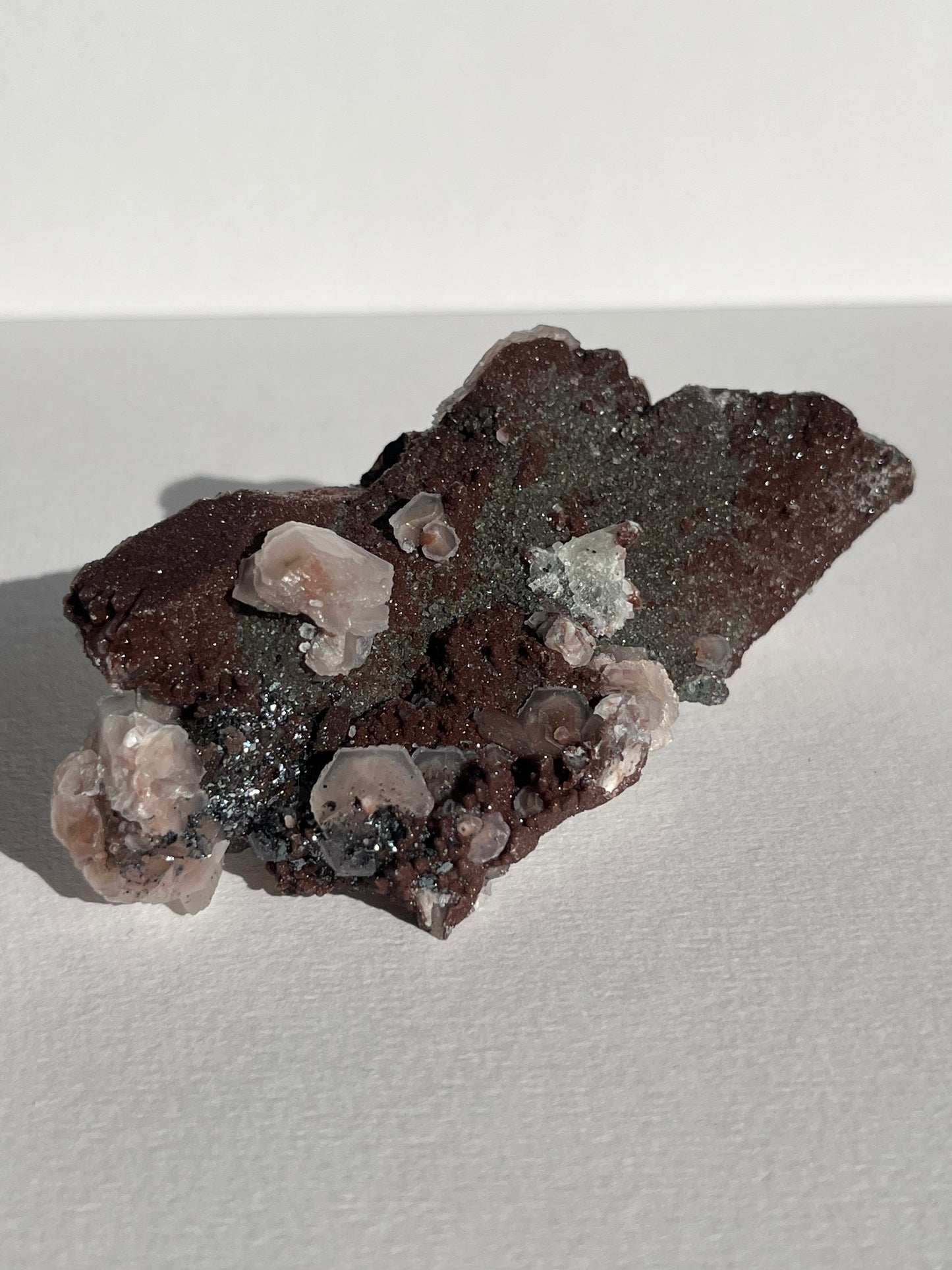 Twilight Plum Sakura Blossom Calcite on Druzy Coated Quartz Specimen C