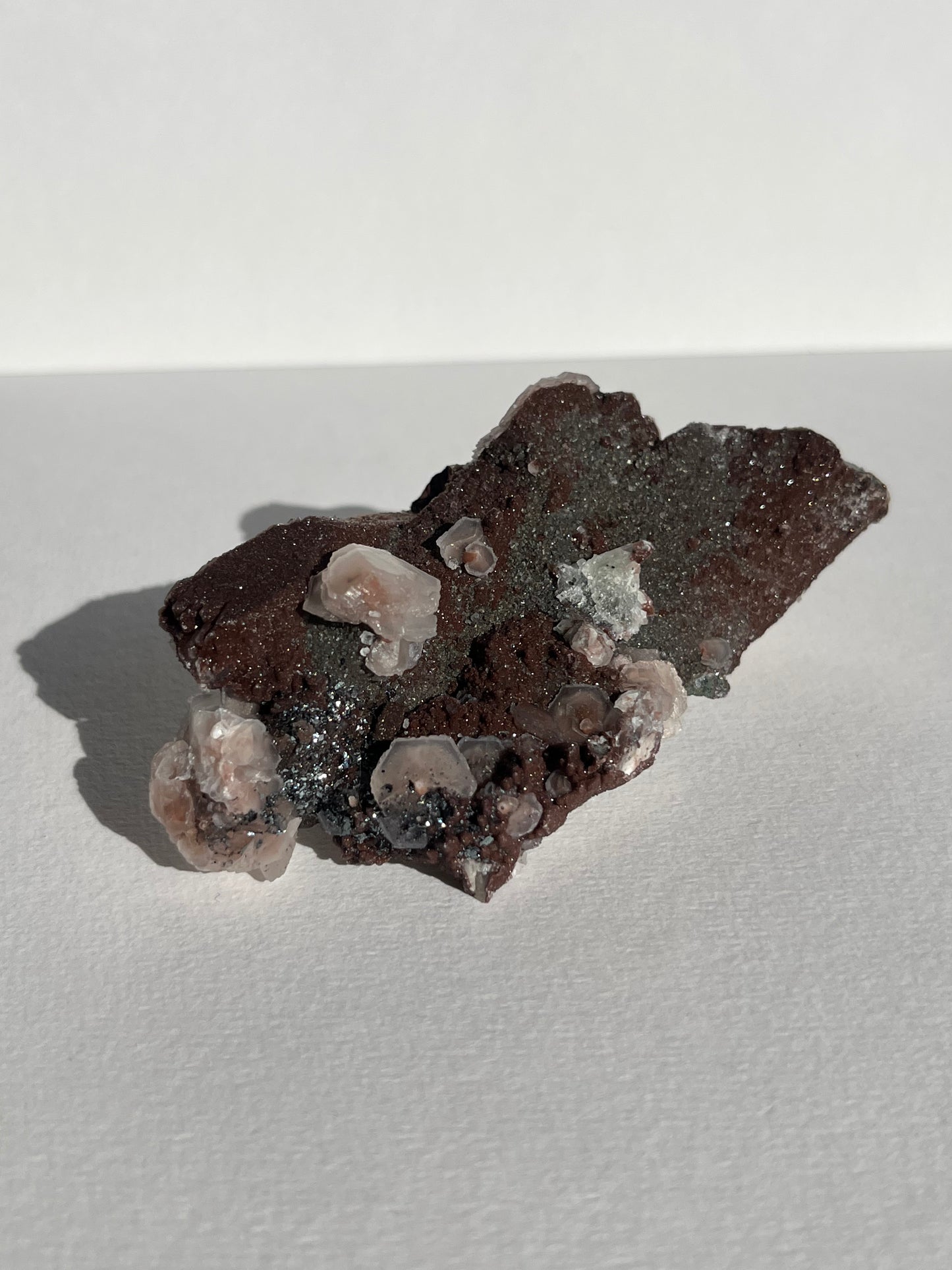 Twilight Plum Sakura Blossom Calcite on Druzy Coated Quartz Specimen C