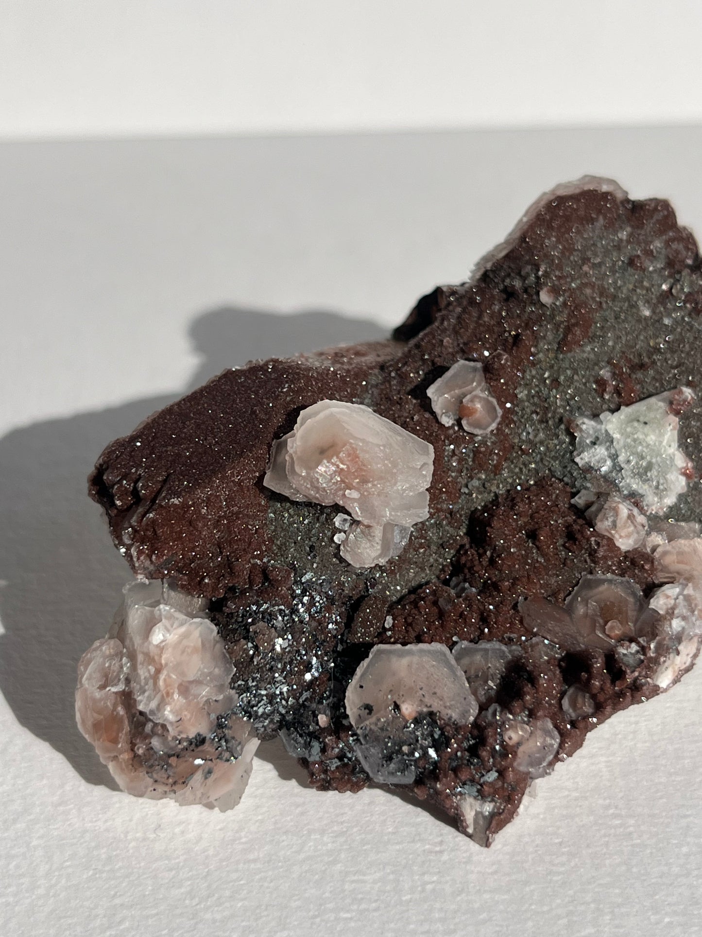 Twilight Plum Sakura Blossom Calcite on Druzy Coated Quartz Specimen C