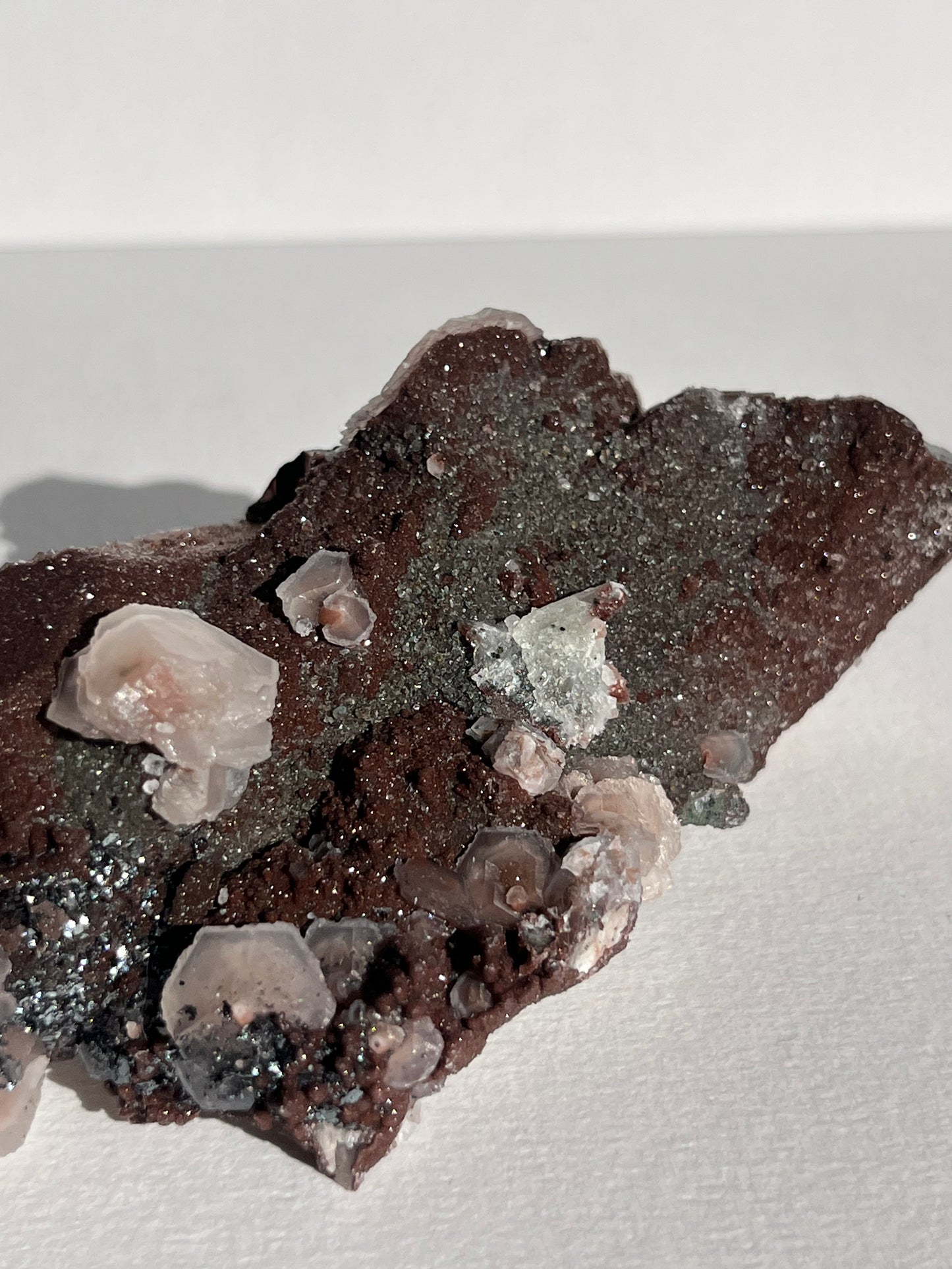 Twilight Plum Sakura Blossom Calcite on Druzy Coated Quartz Specimen C