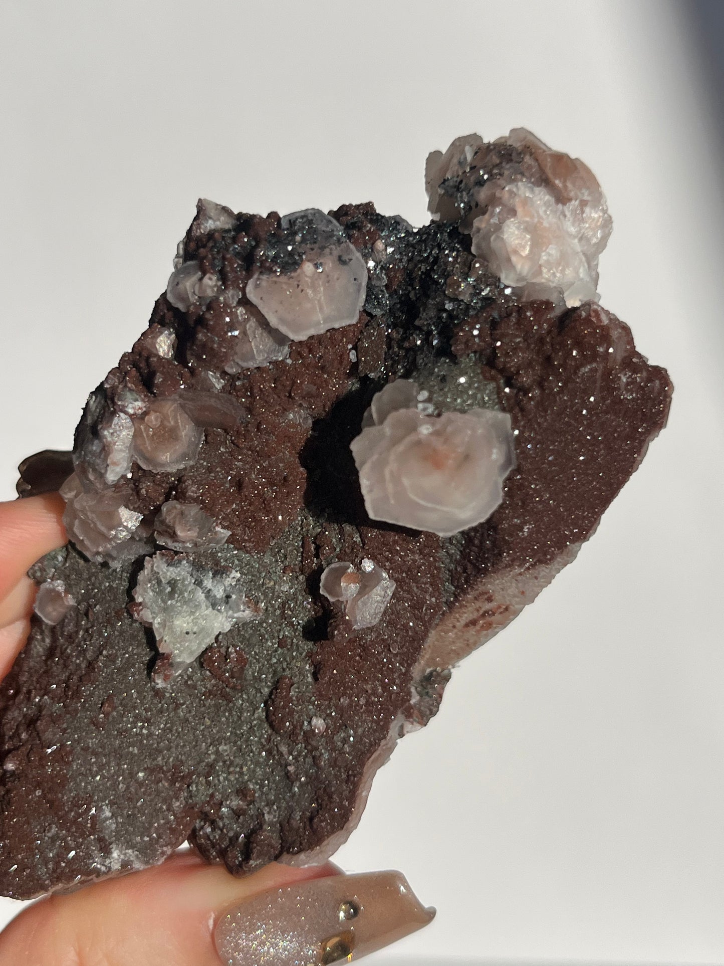 Twilight Plum Sakura Blossom Calcite on Druzy Coated Quartz Specimen C