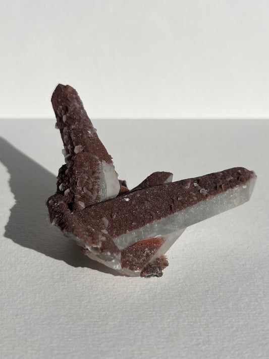 Pink Sakura Blossom Calcite on Dusty Red Coated Quartz Specimen D
