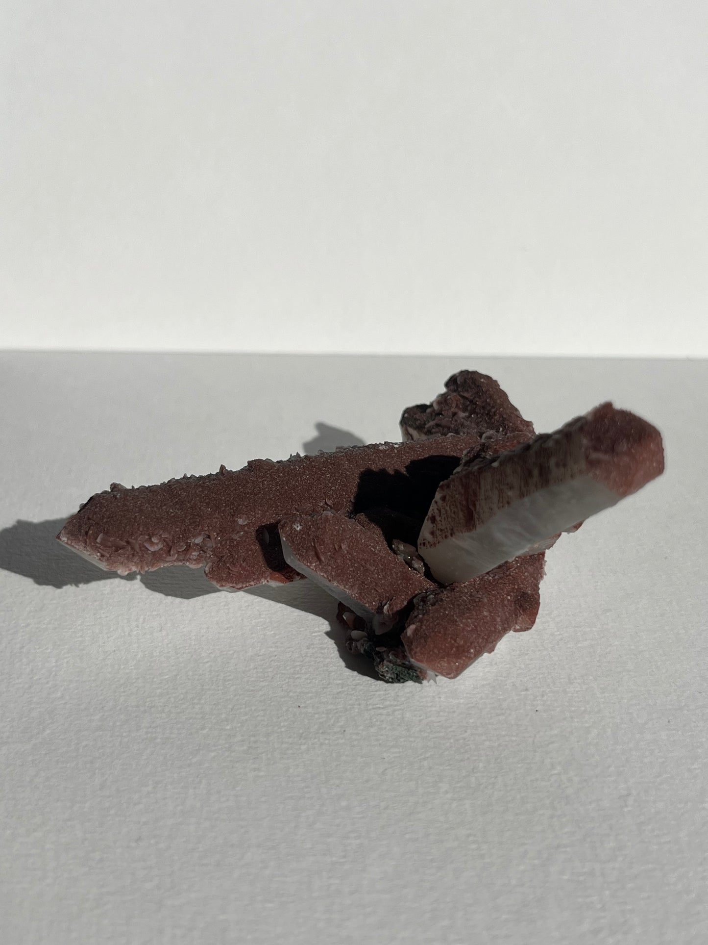 Pink Sakura Blossom Calcite on Dusty Red Coated Quartz Specimen D