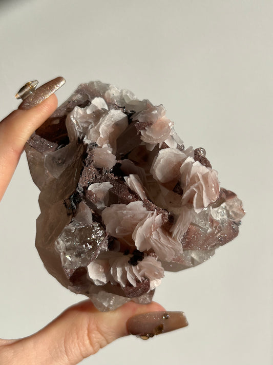 Pink Sakura Blossom Calcite on Quartz Specimen B