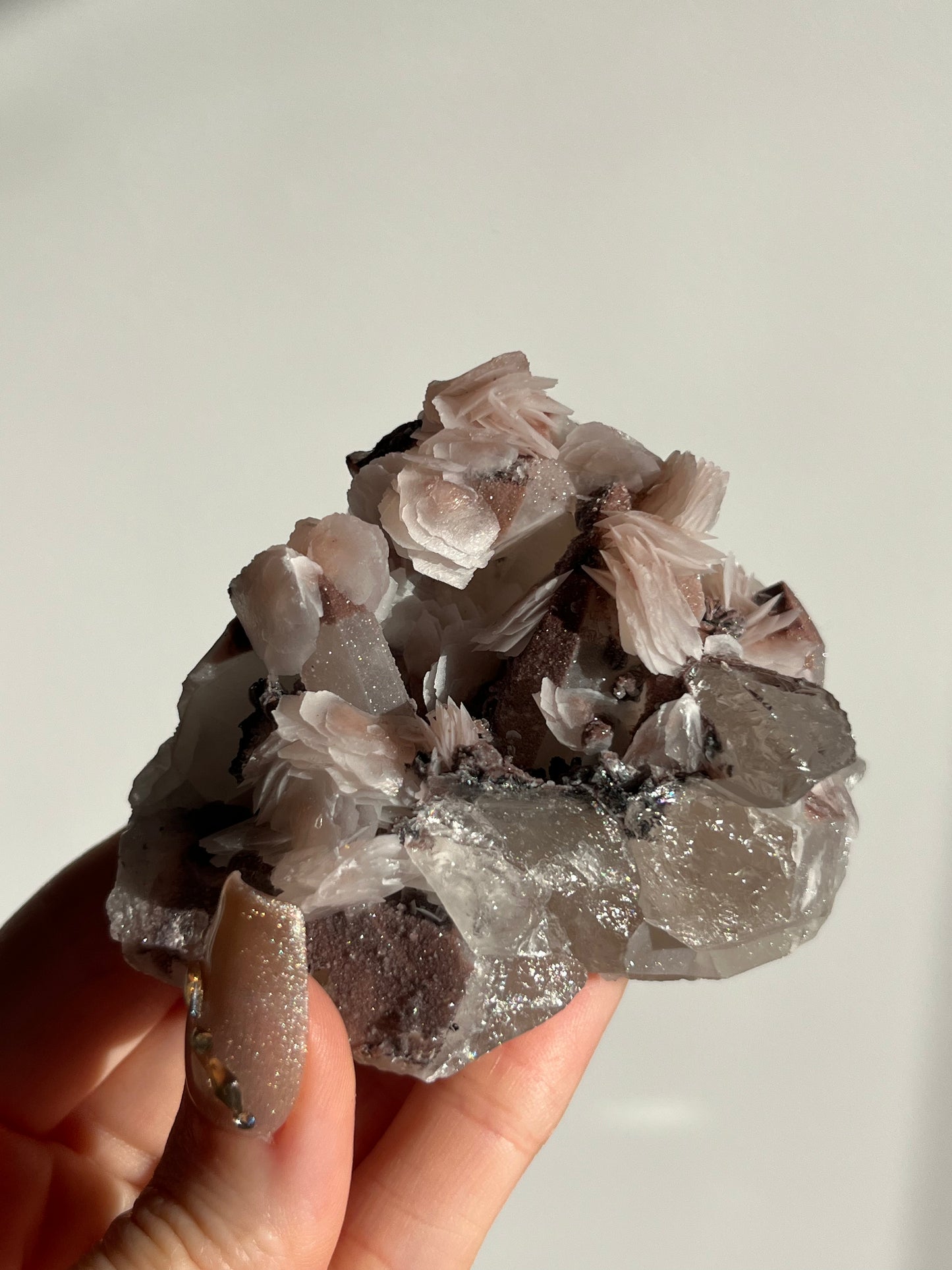 Pink Sakura Blossom Calcite on Quartz Specimen B