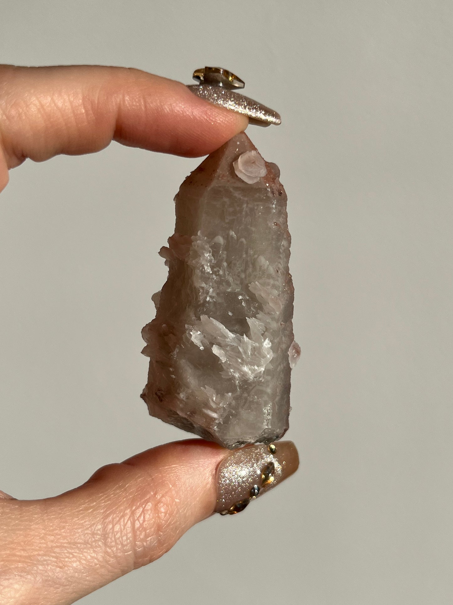 Pink Sakura Blossom Calcite on Quartz Specimen D