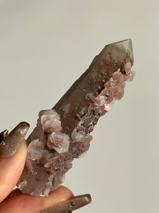 Pink Sakura Blossom Calcite on Quartz Specimen E