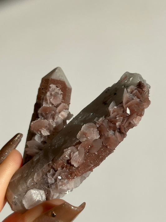 Pink Sakura Blossom Calcite on Quartz Specimen F