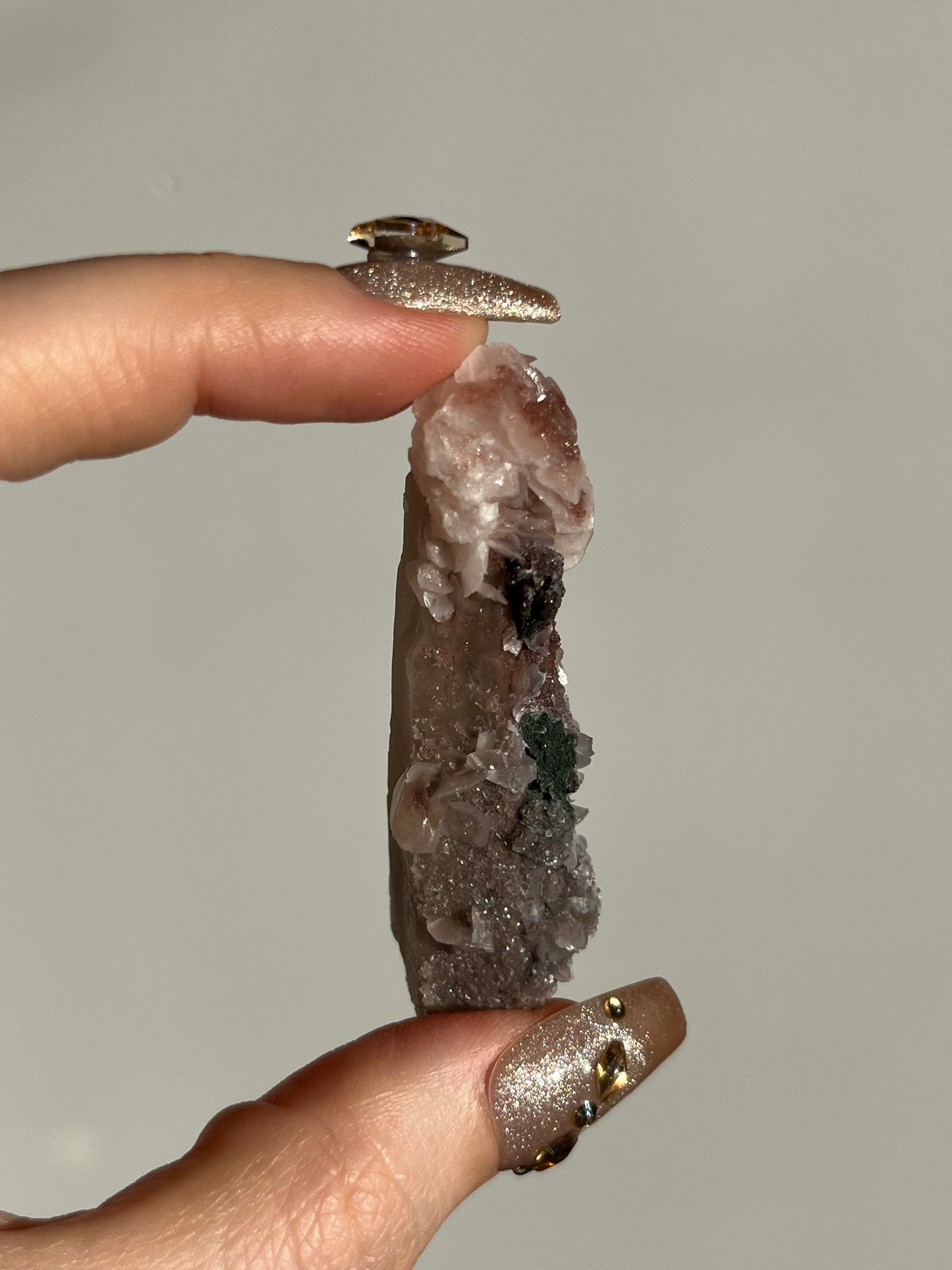 Pink Sakura Blossom Calcite on Quartz Specimen L