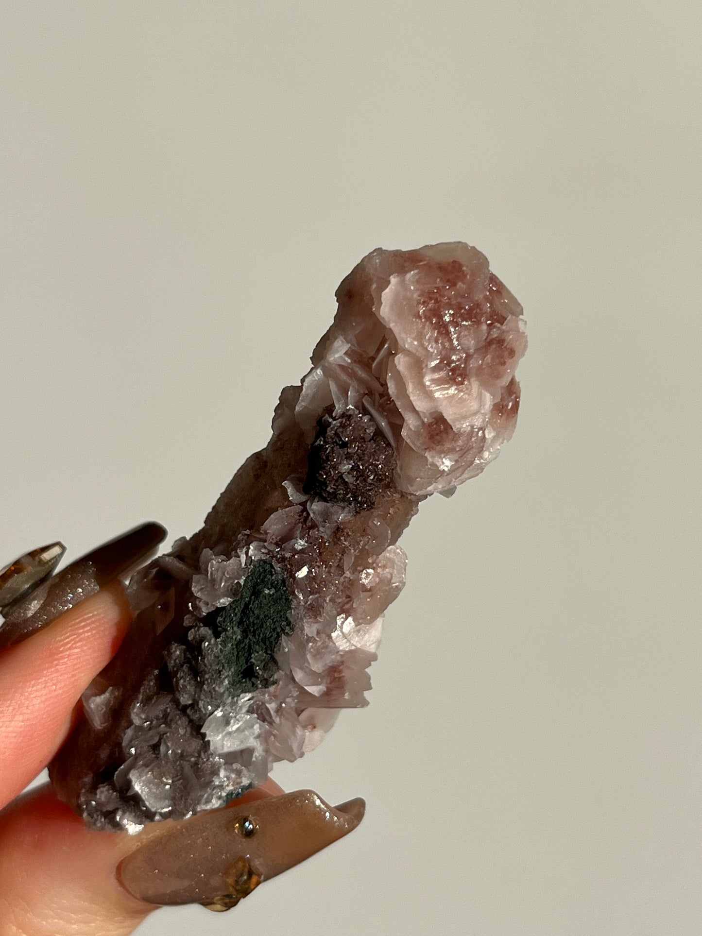 Pink Sakura Blossom Calcite on Quartz Specimen L