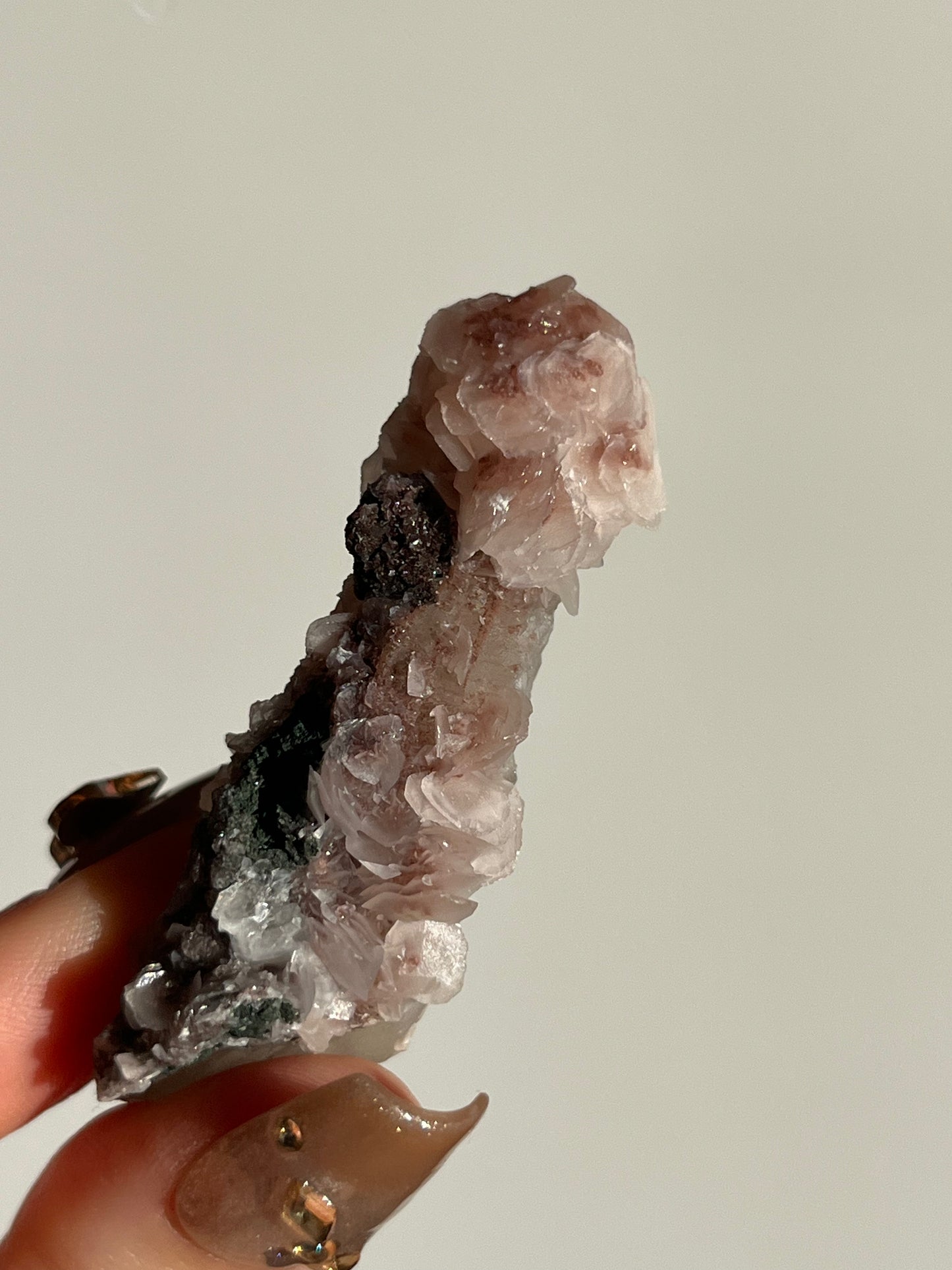 Pink Sakura Blossom Calcite on Quartz Specimen L