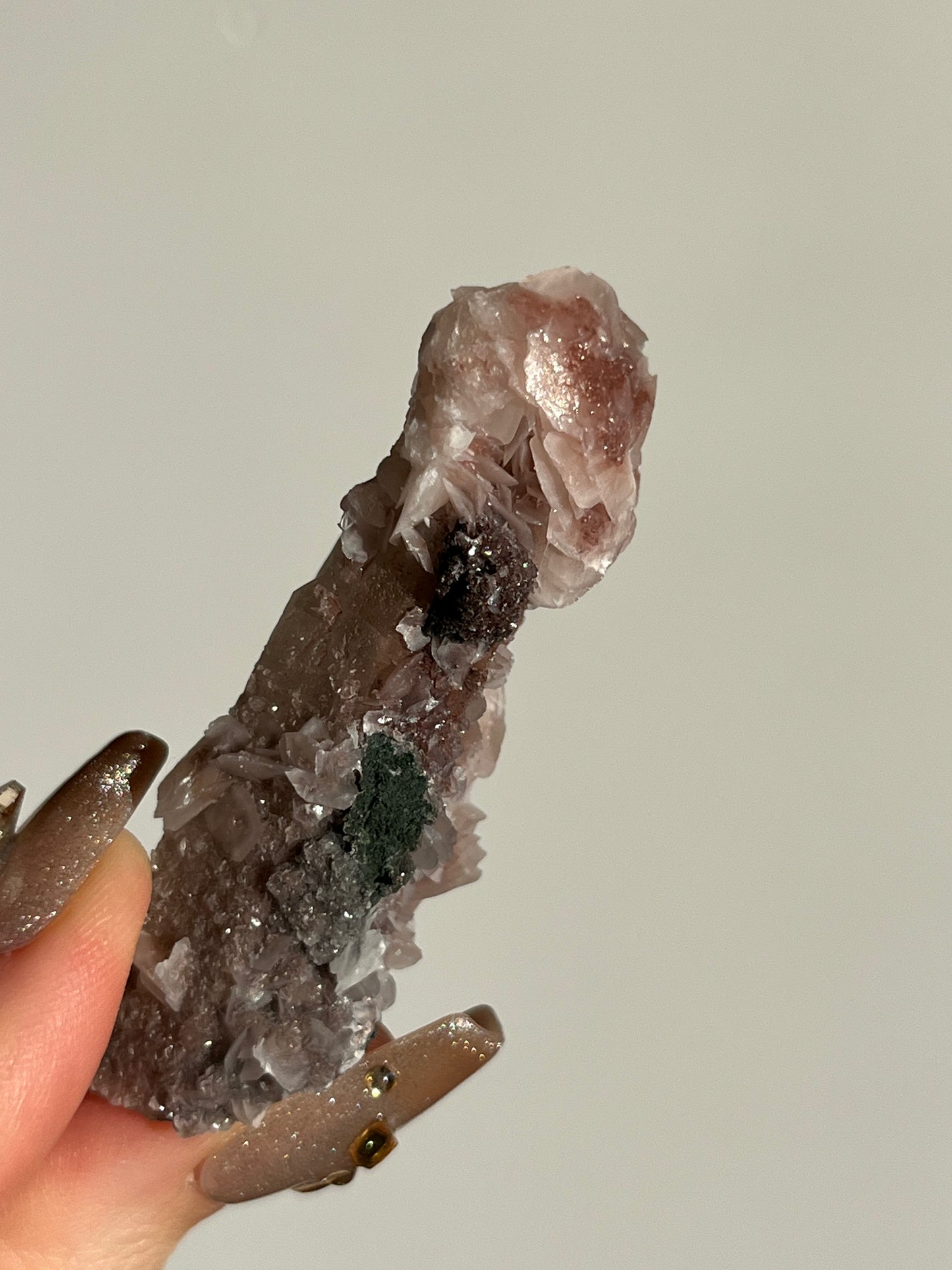 Pink Sakura Blossom Calcite on Quartz Specimen L