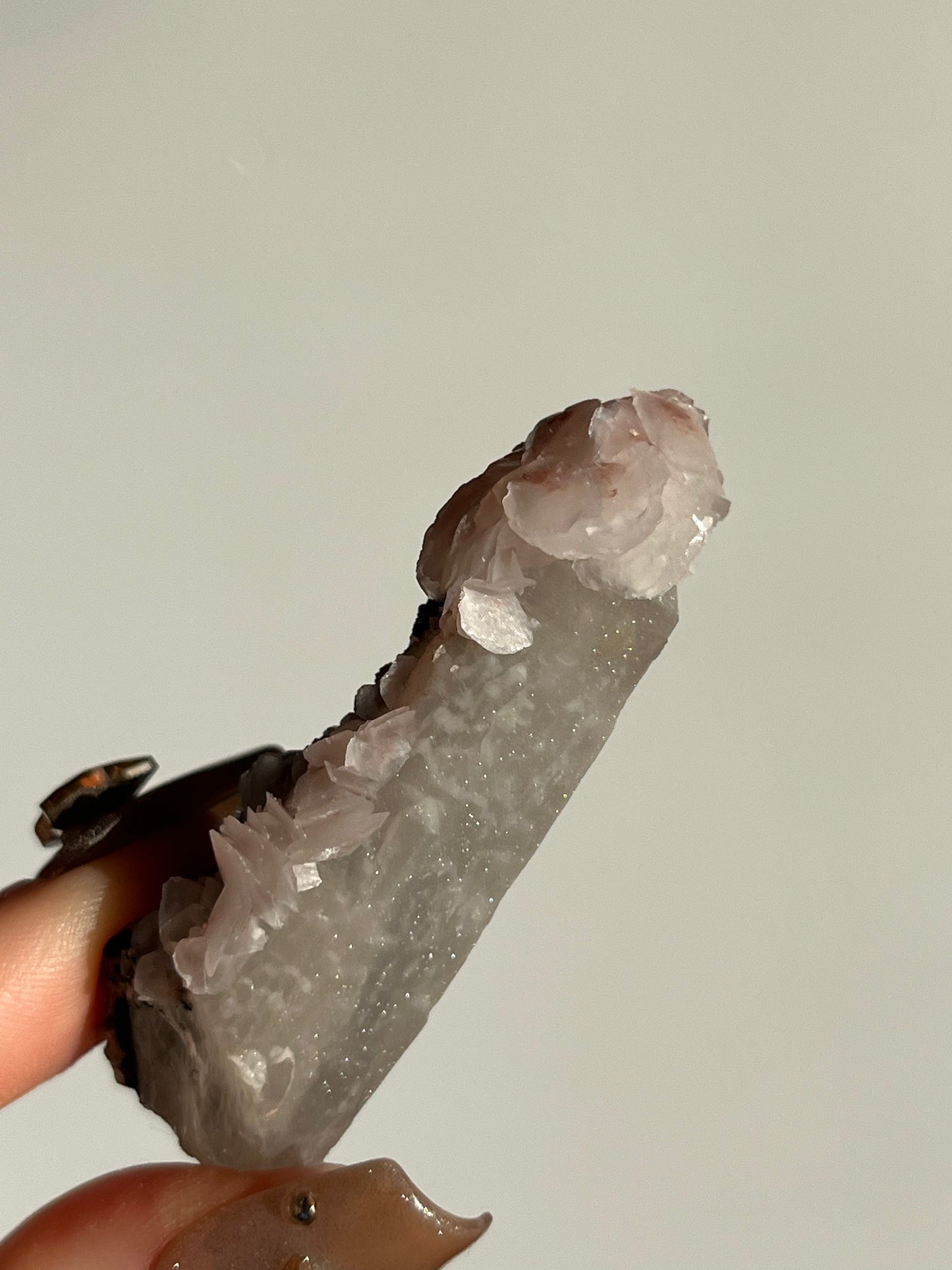 Pink Sakura Blossom Calcite on Quartz Specimen L