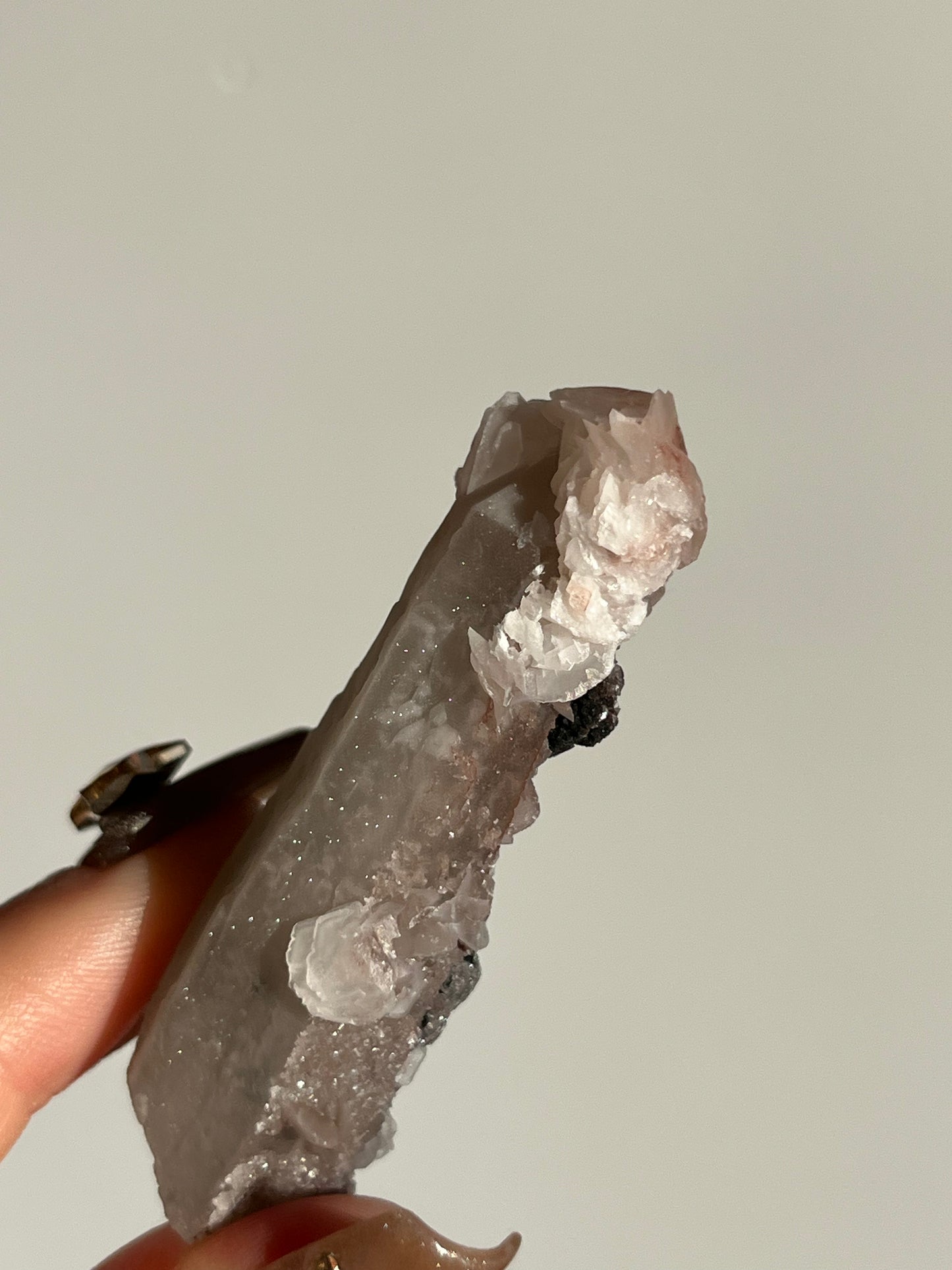 Pink Sakura Blossom Calcite on Quartz Specimen L