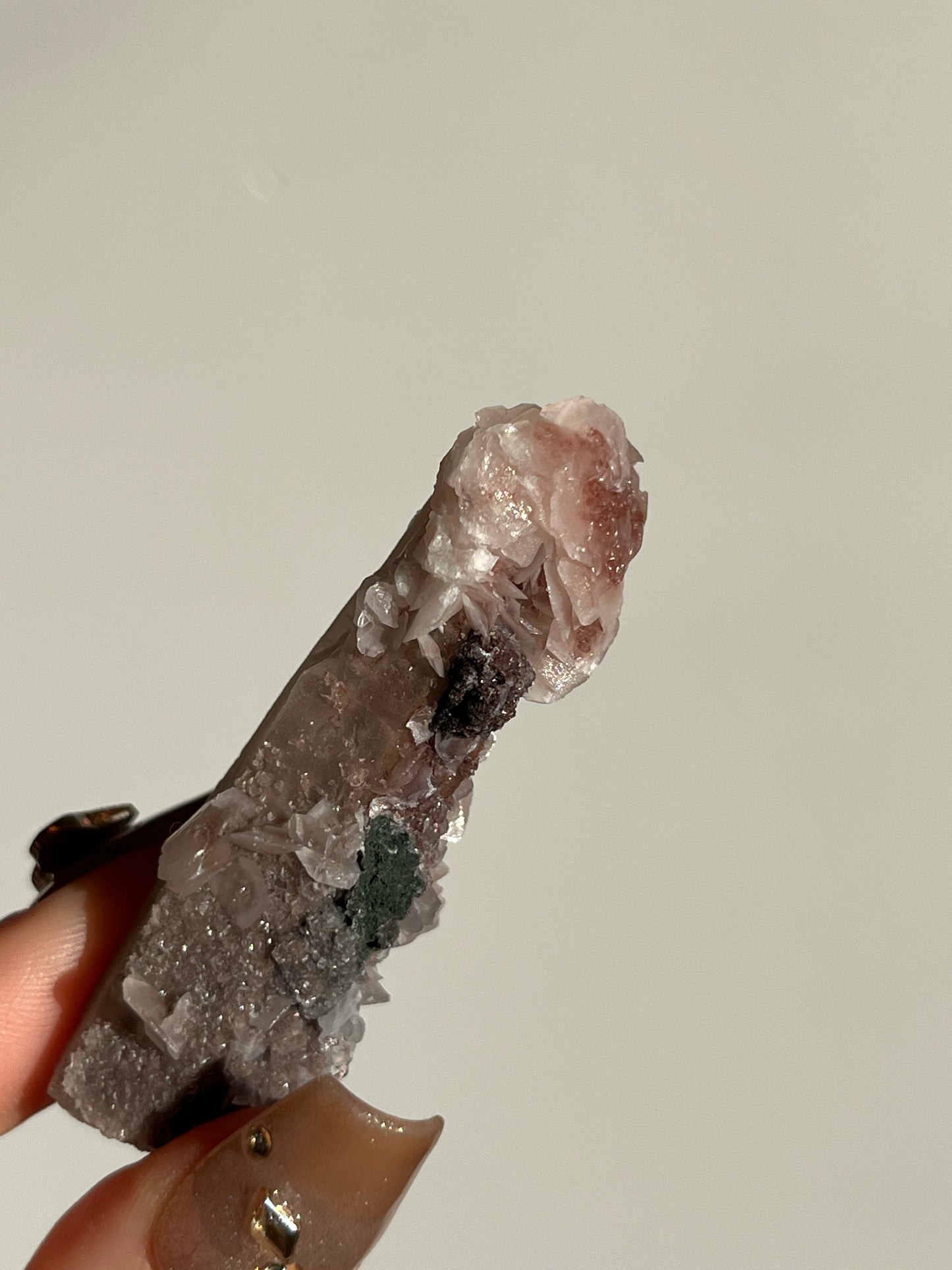Pink Sakura Blossom Calcite on Quartz Specimen L