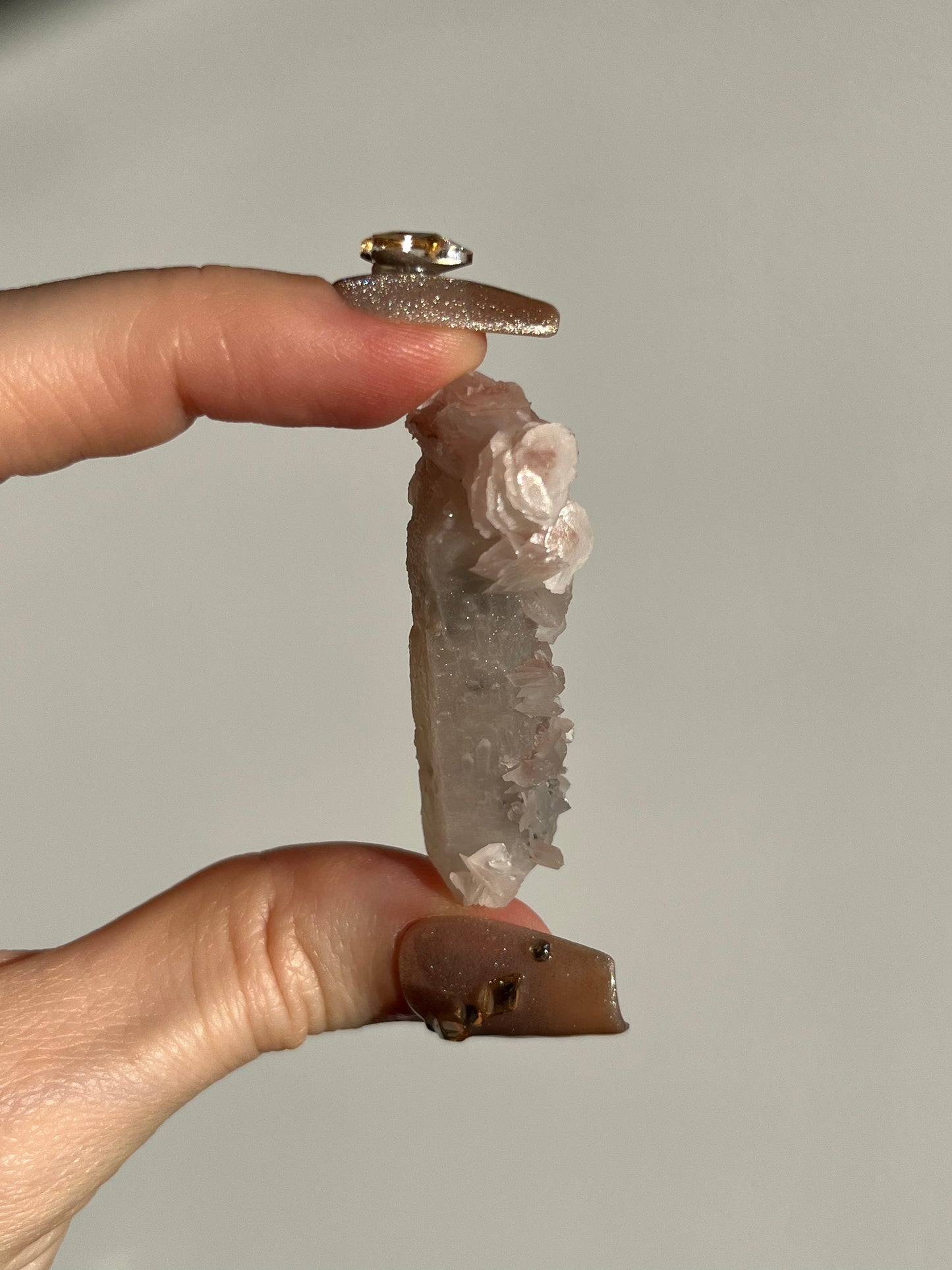 Pink Sakura Blossom Calcite on Quartz Specimen M