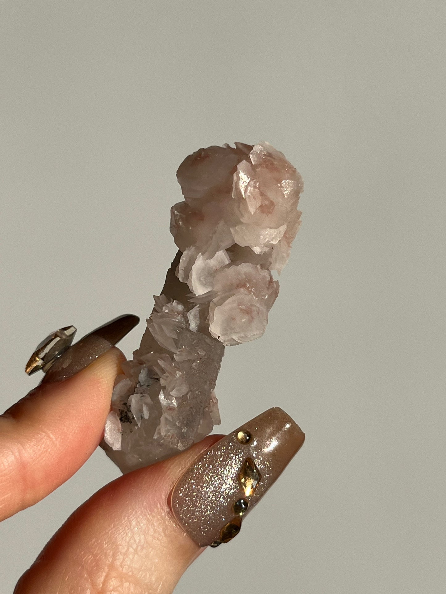 Pink Sakura Blossom Calcite on Quartz Specimen M