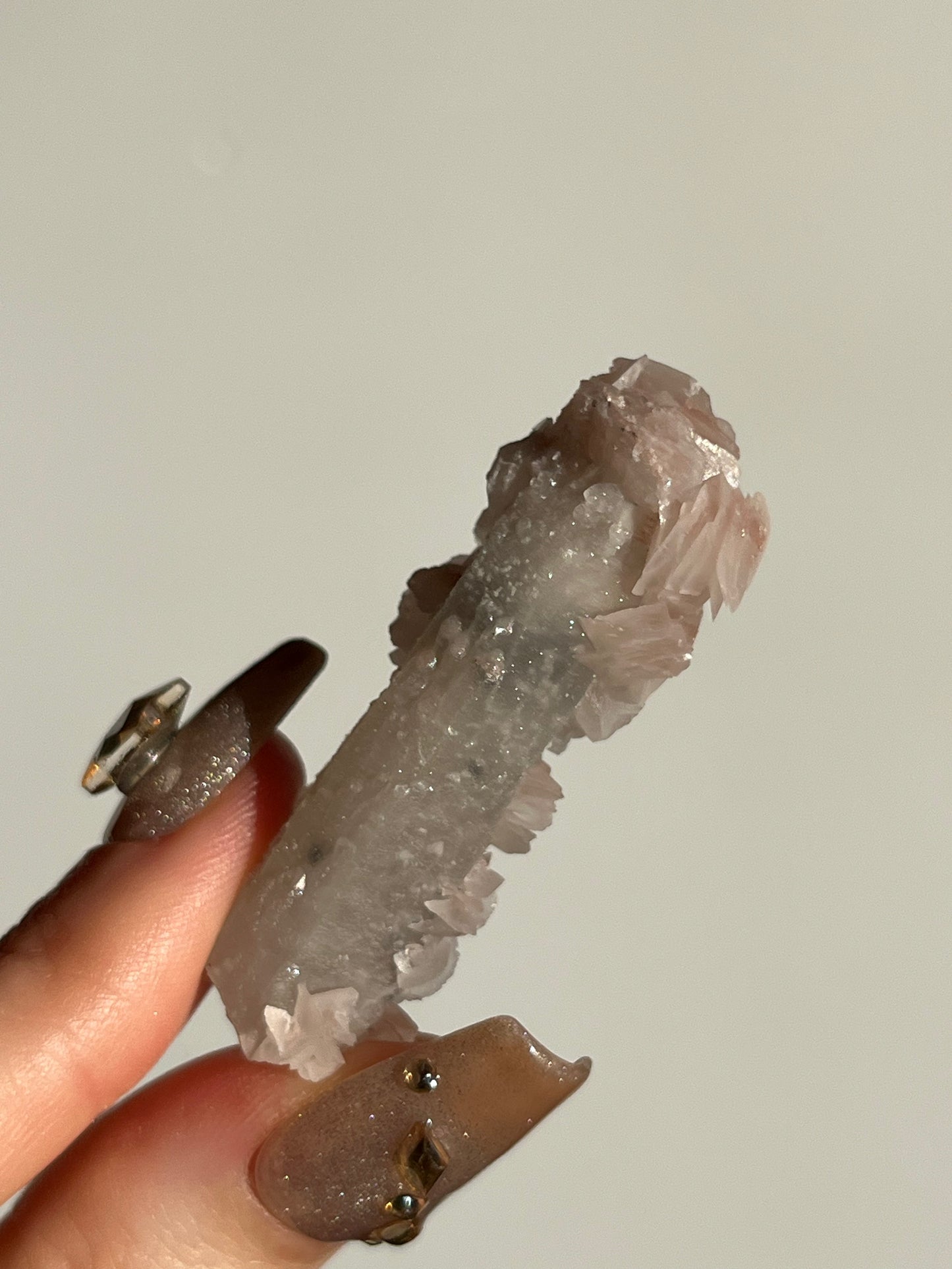 Pink Sakura Blossom Calcite on Quartz Specimen M