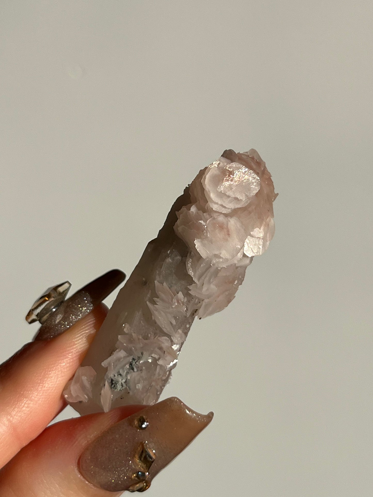 Pink Sakura Blossom Calcite on Quartz Specimen M