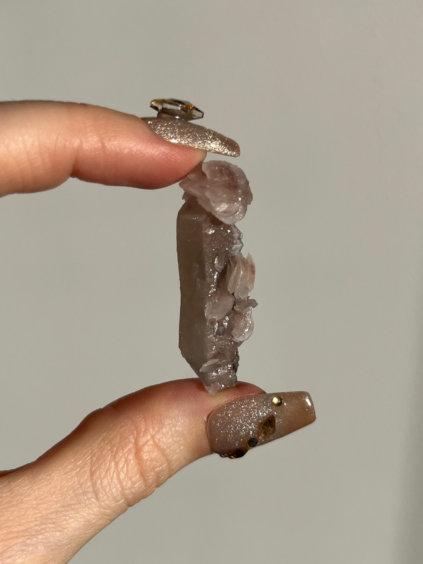 Pink Sakura Blossom Calcite on Quartz Specimen N