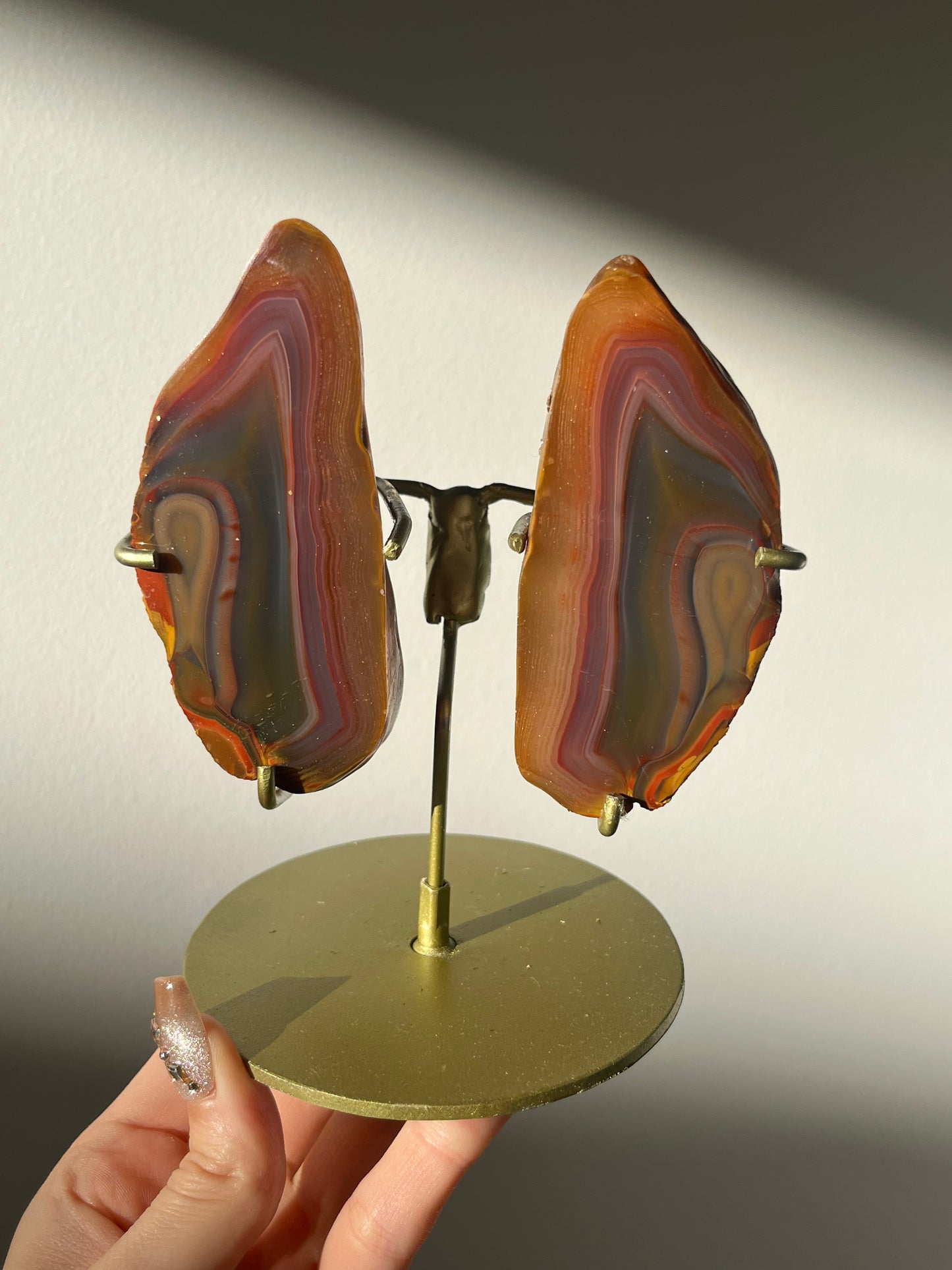 ‘Rosestone Monolith' Pink West Indonesian Agate Butterfly Pair on Stand