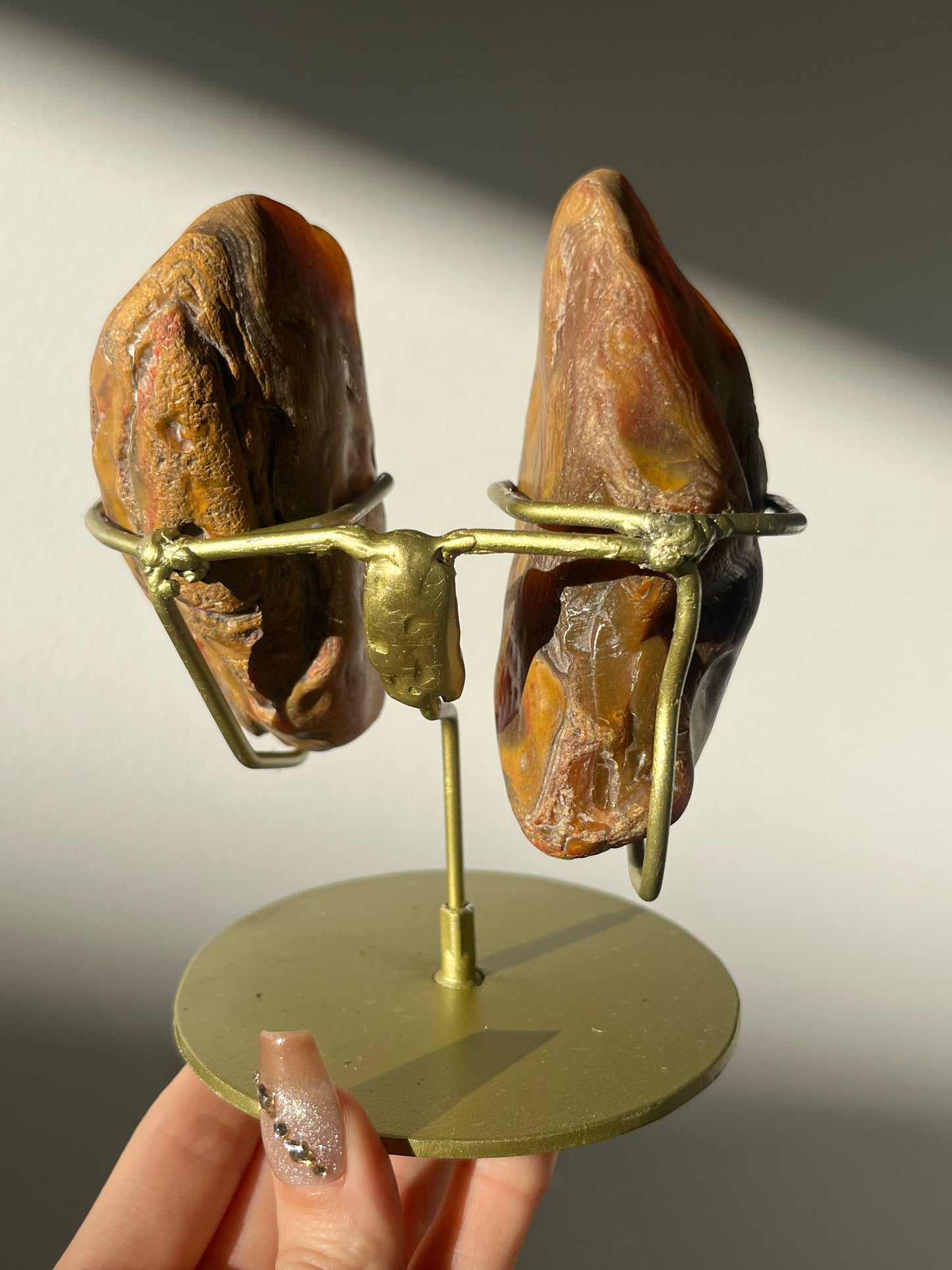 ‘Rosestone Monolith' Pink West Indonesian Agate Butterfly Pair on Stand