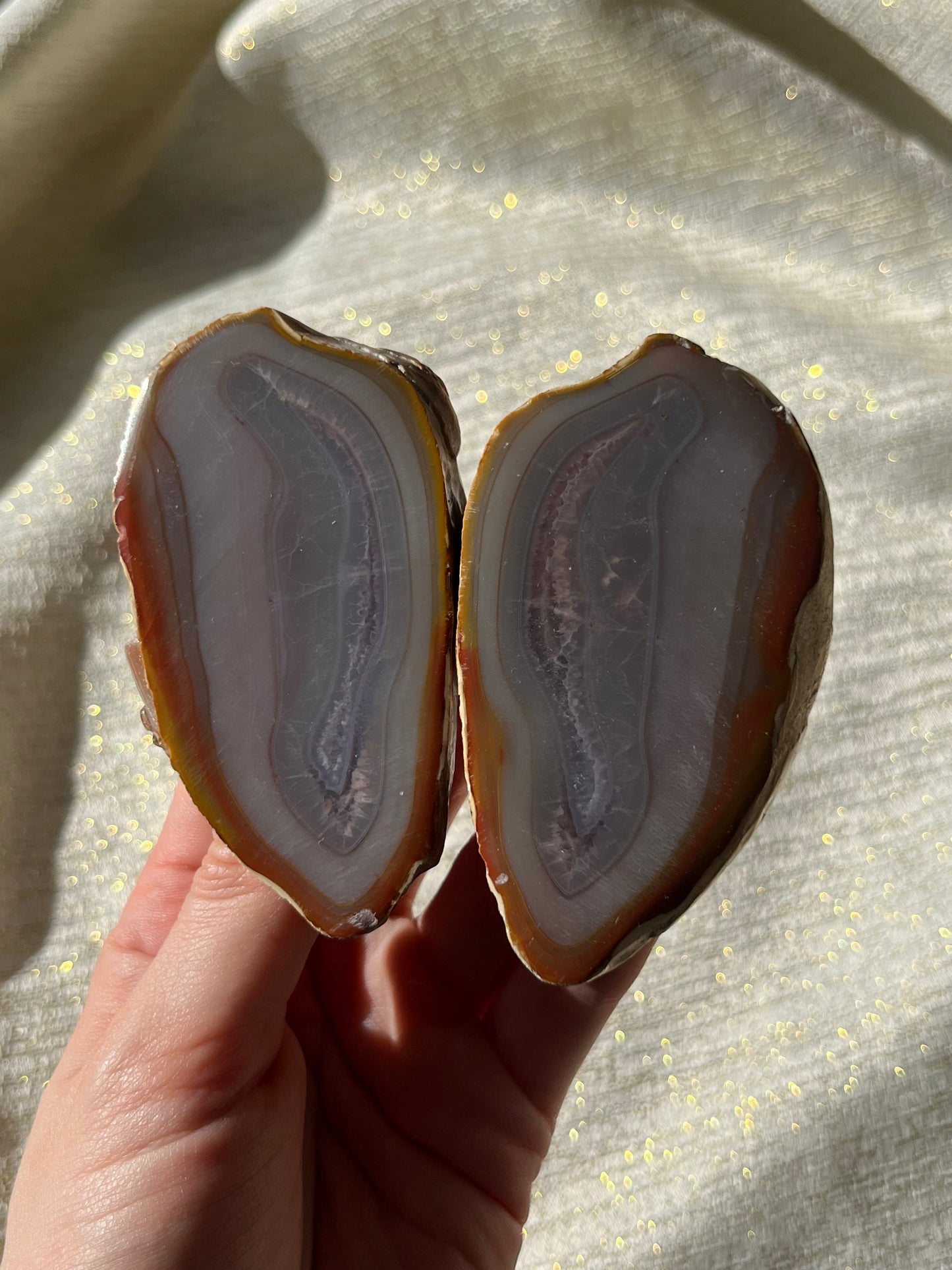 “Pastello” Pink West Indonesian Agate Pair with Amethyst Centre C