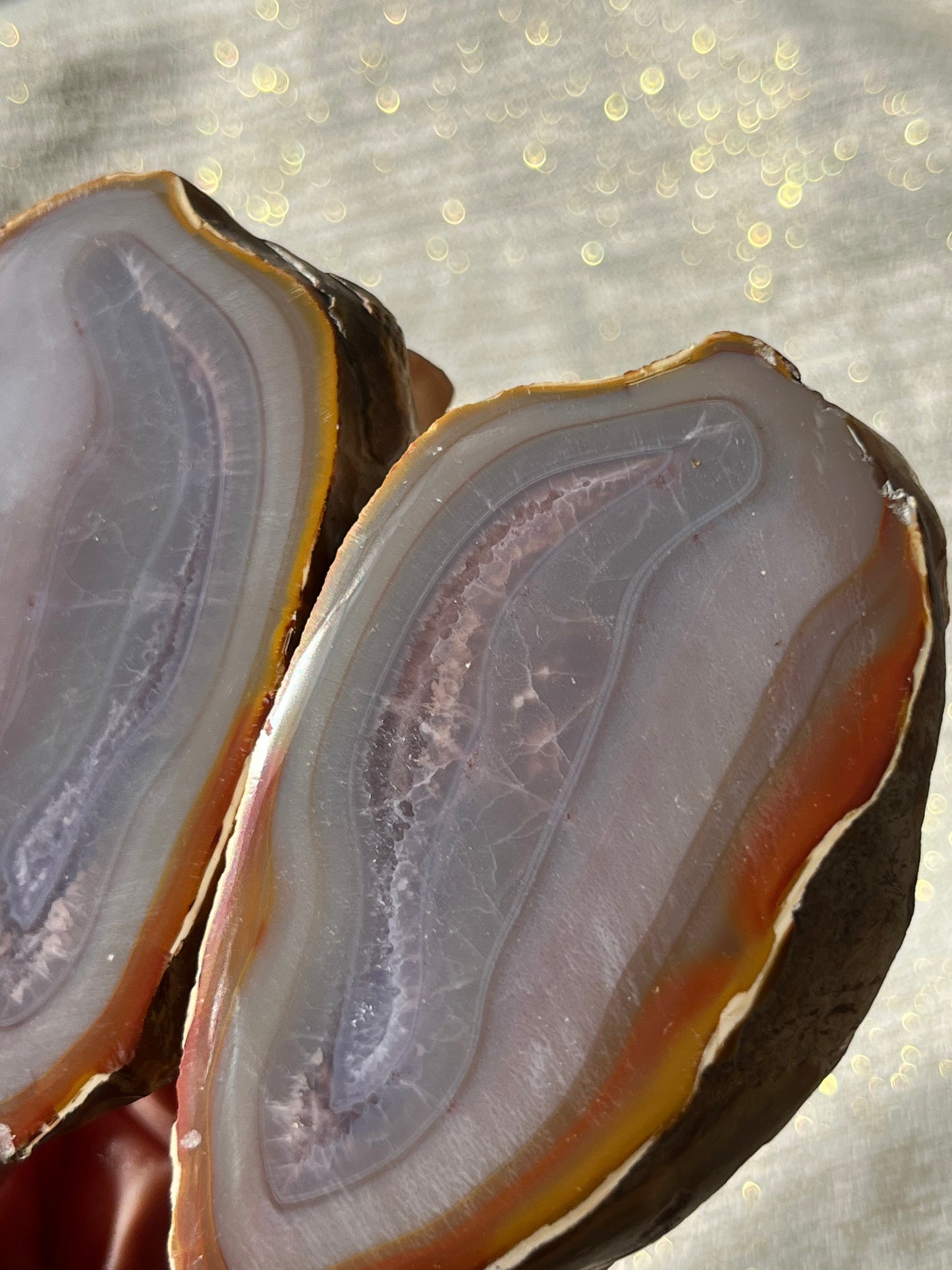 “Pastello” Pink West Indonesian Agate Pair with Amethyst Centre C